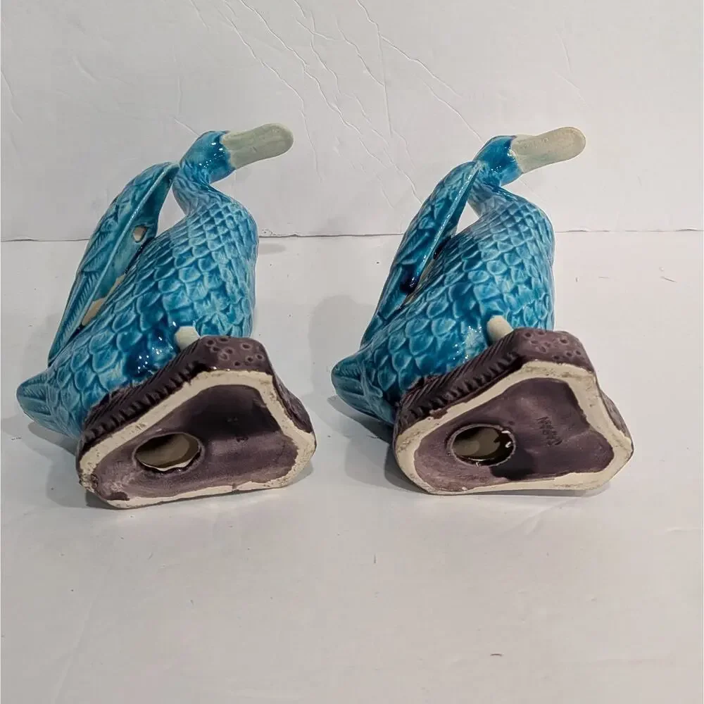 Vintage Turquoise Blue Glazed Ceramic Duck Figurines Pair Japan Chinoiserie